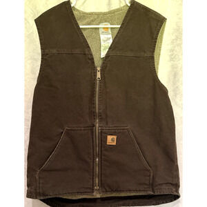 Vtg Carhartt V26 Duck Work Vest Men’s Large Tall Brown Fleece Lined USA Made